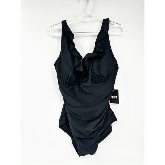 DKNY Solid Black Ruffle Plunge V-Neck One Piece Swimsuit Size 16 NWT - Picture 2 of 7